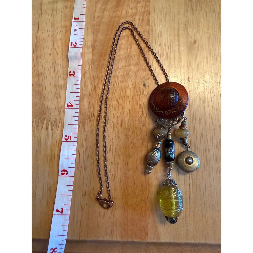 Handcrafted Mixed Media Charm Necklace Vintage Button Glass Beads Copper Chain